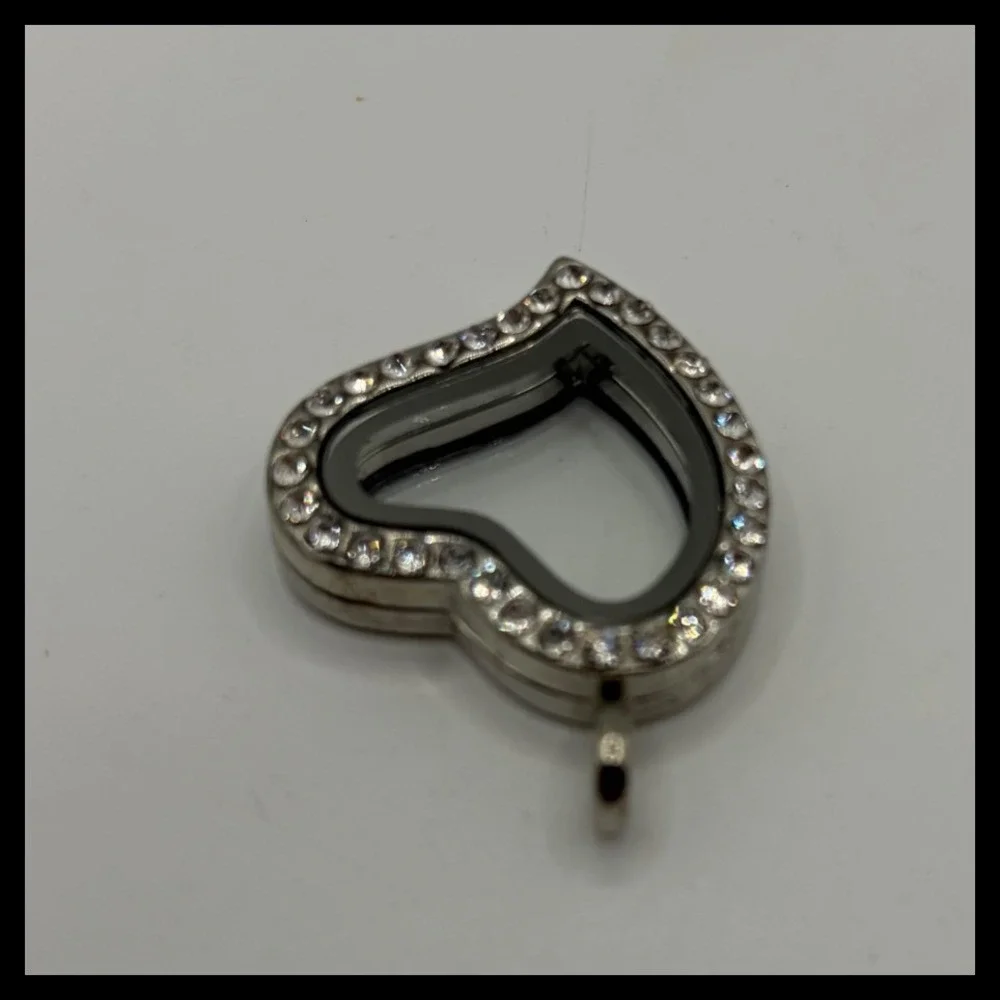 Floating Heart Locket Pendant Small Silver Rhinestone Charm